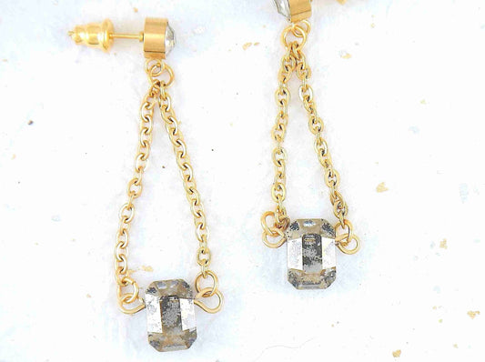 Long earrings with 10mm Gold Patina patterned Swarovski crystal pendulums, gold-toned stainless steel chain and crystal posts