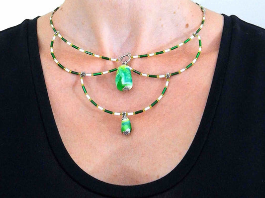15-inch signature necklace with articulated green and white hoops and lampworked glass beads (Murano-style glass handmade in Montreal)