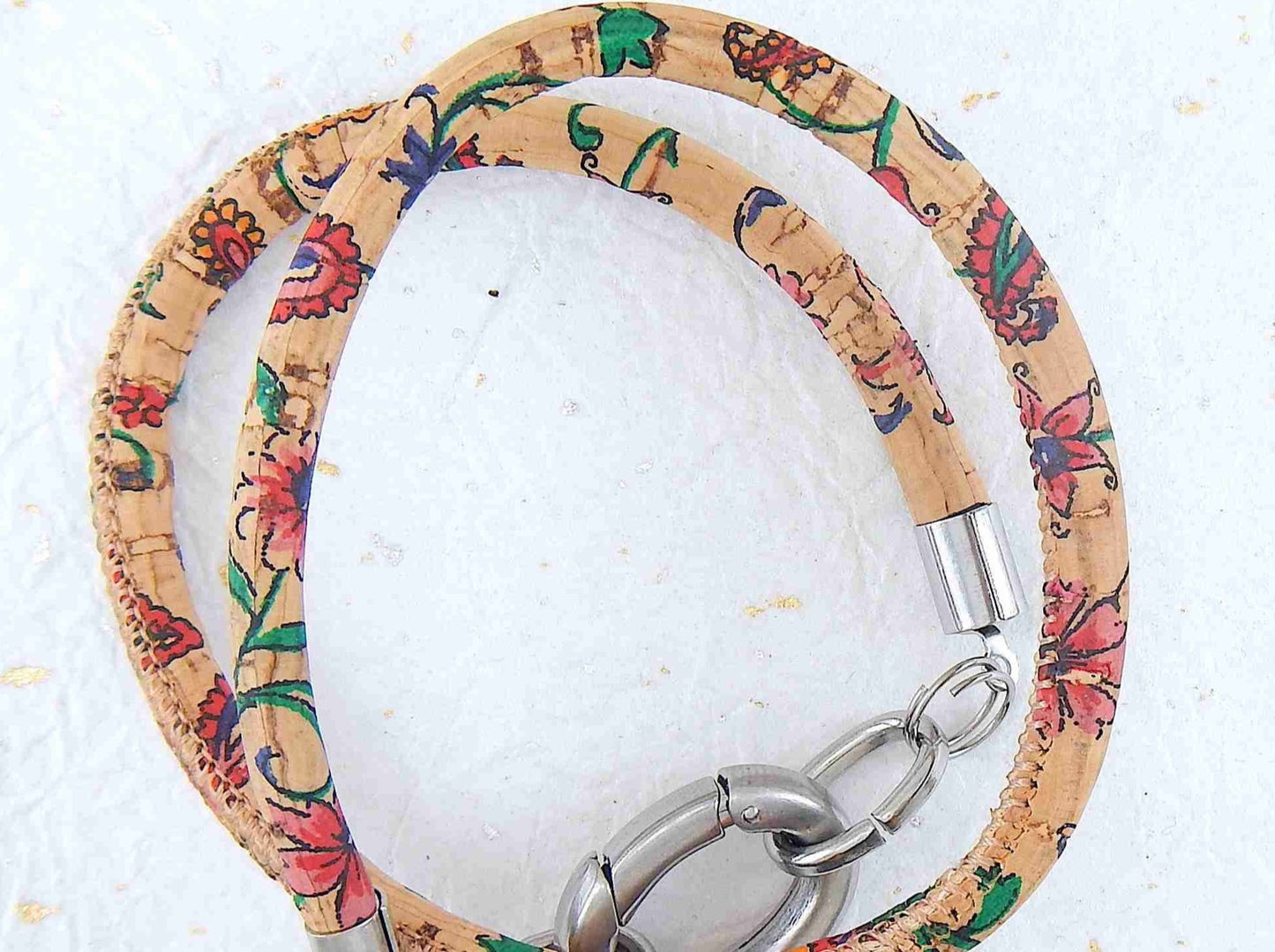 Double-row 6mm round cork bracelet with oval stainless steel clasp in 4 patterns (leopard, bright flowers, soft flowers, natural with silver speckles)