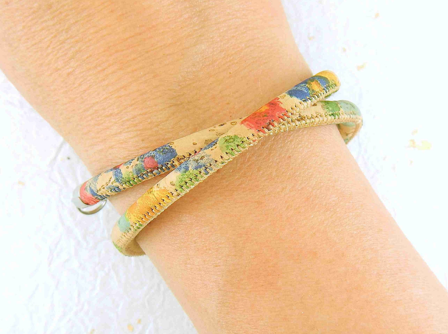 Double-row 6mm round cork bracelet with oval stainless steel clasp in 4 patterns (leopard, bright flowers, soft flowers, natural with silver speckles)