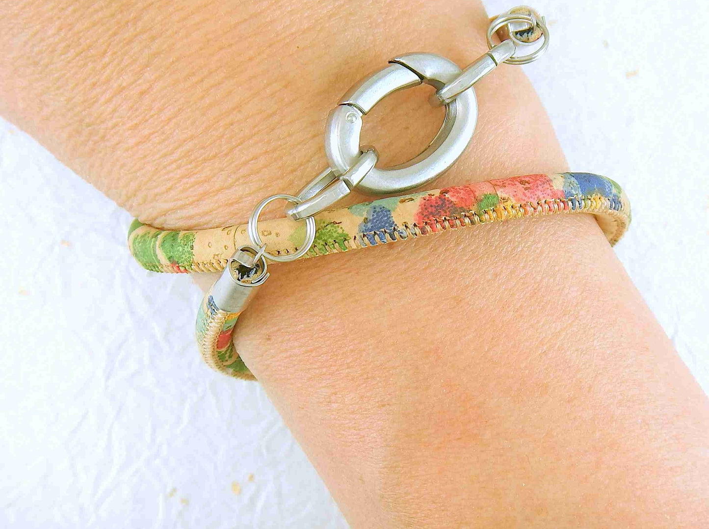 Double-row 6mm round cork bracelet with oval stainless steel clasp in 4 patterns (leopard, bright flowers, soft flowers, natural with silver speckles)