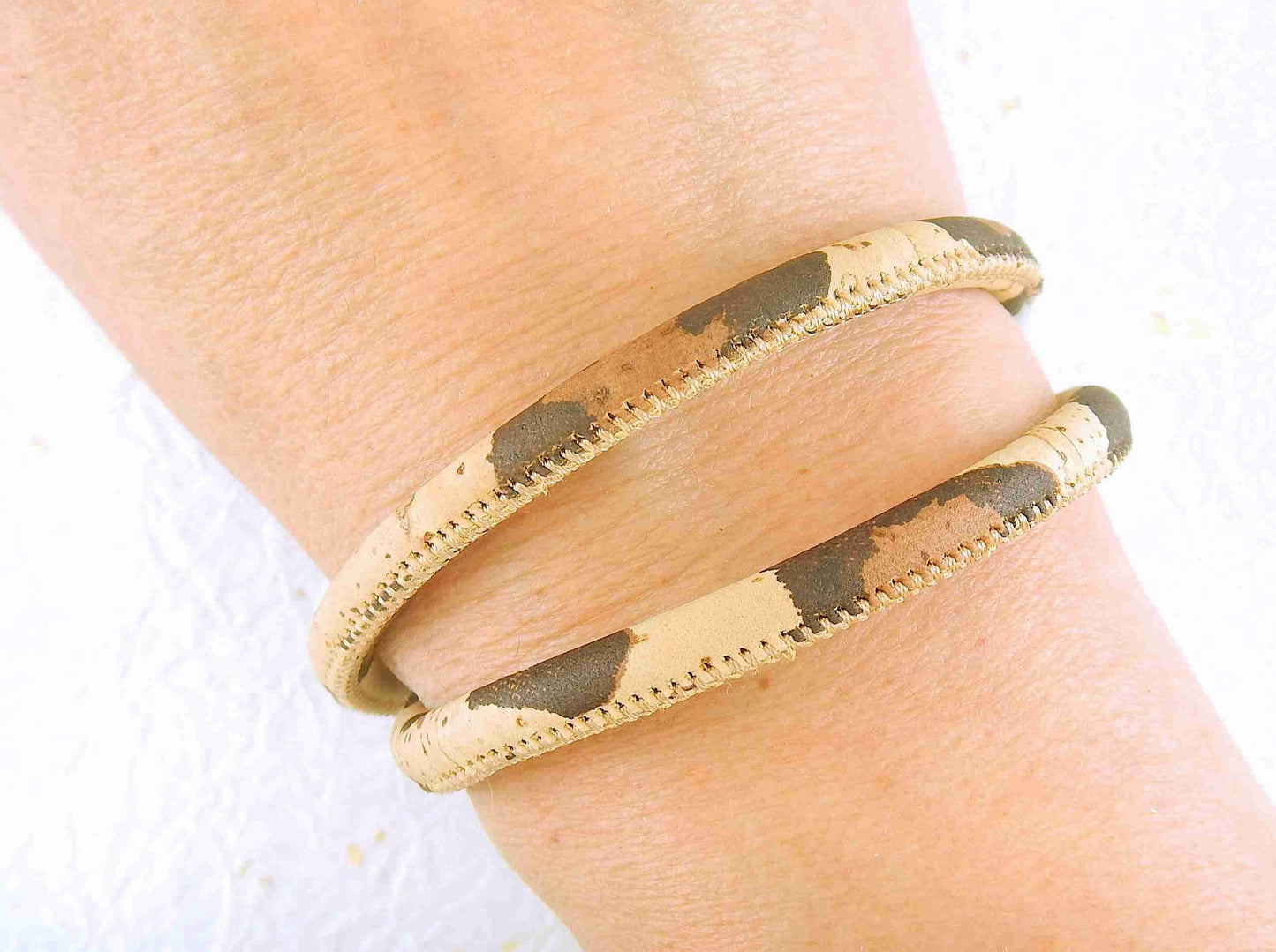 Double-row 6mm round cork bracelet with oval stainless steel clasp in 4 patterns (leopard, bright flowers, soft flowers, natural with silver speckles)