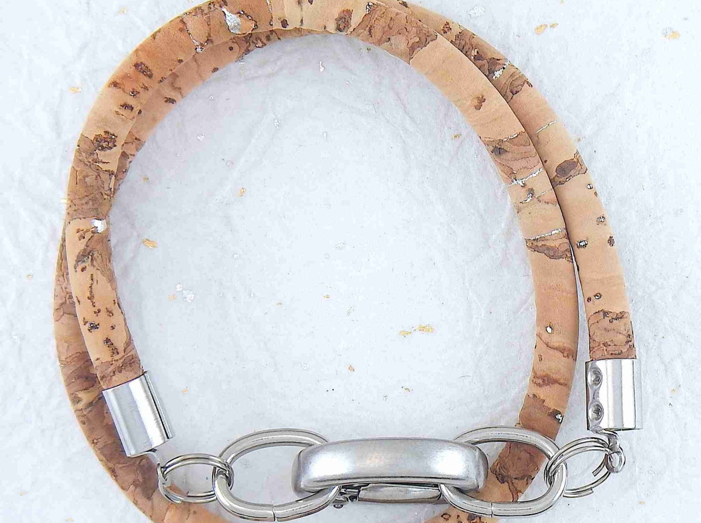 Double-row 6mm round cork bracelet with oval stainless steel clasp in 4 patterns (leopard, bright flowers, soft flowers, natural with silver speckles)