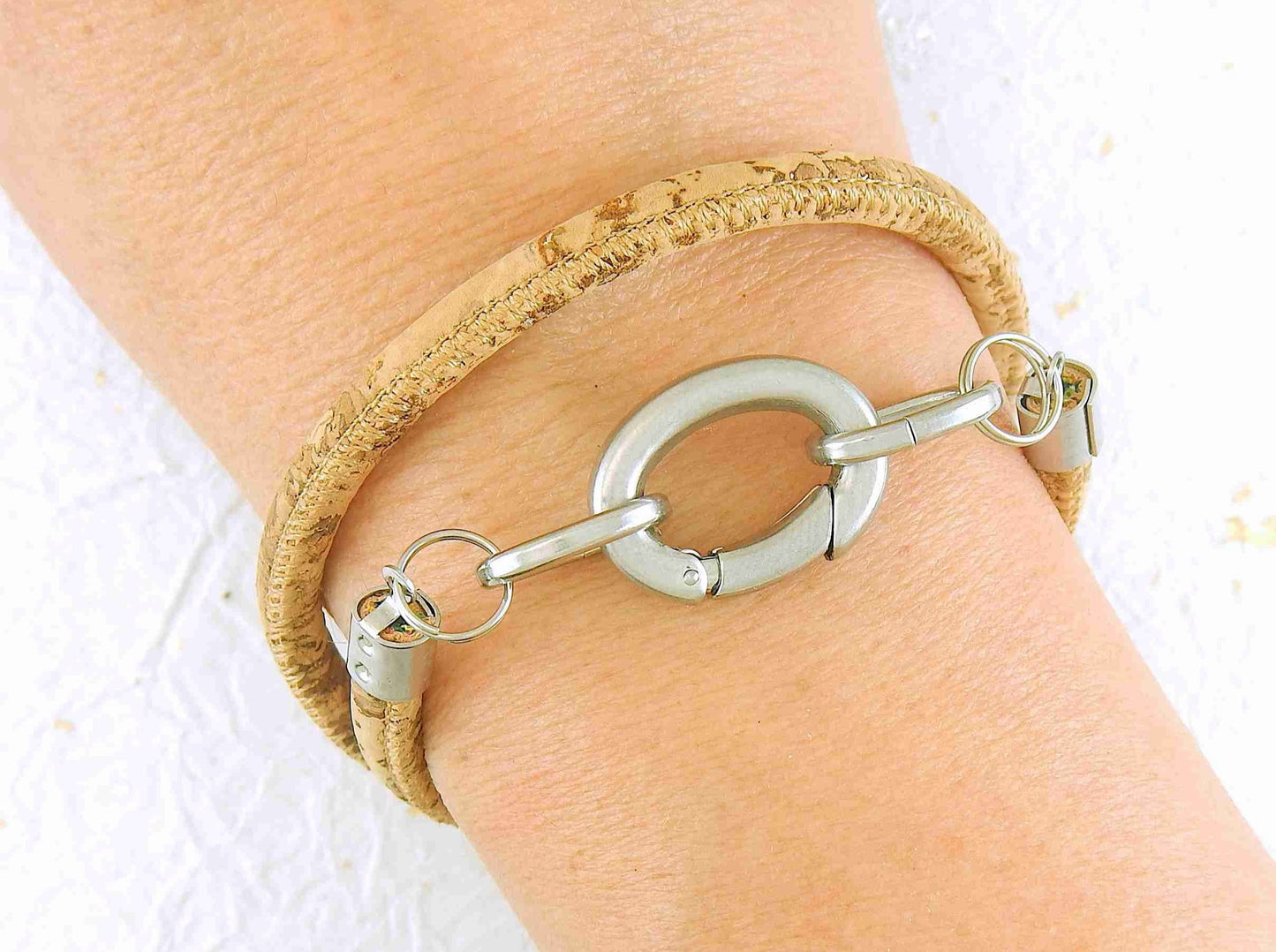 Double-row 6mm round cork bracelet with oval stainless steel clasp in 4 patterns (leopard, bright flowers, soft flowers, natural with silver speckles)