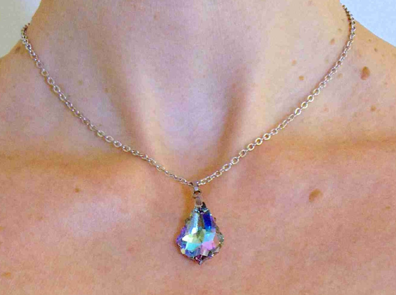 16-inch necklace with 22mm Vitrail Light (blue, turquoise, lilac) baroque Swarovski crystal pendant, stainless steel chain