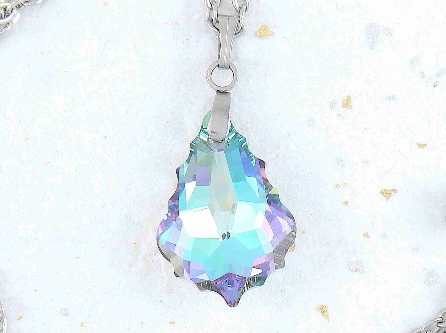 16-inch necklace with 22mm Vitrail Light (blue, turquoise, lilac) baroque Swarovski crystal pendant, stainless steel chain