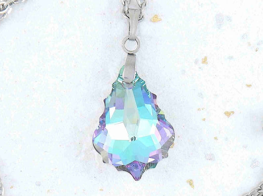 16-inch necklace with 22mm Vitrail Light (blue, turquoise, lilac) baroque Swarovski crystal pendant, stainless steel chain