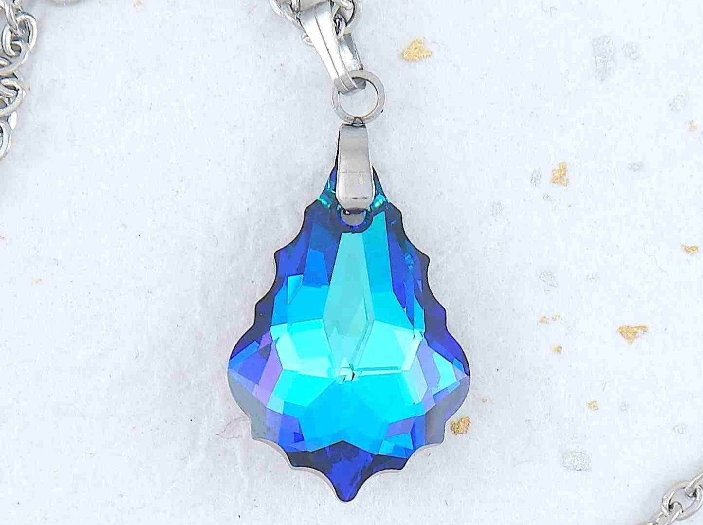 16-inch necklace with 22mm Heliotrope (turquoise, blue, violet) baroque Swarovski crystal pendant, stainless steel chain
