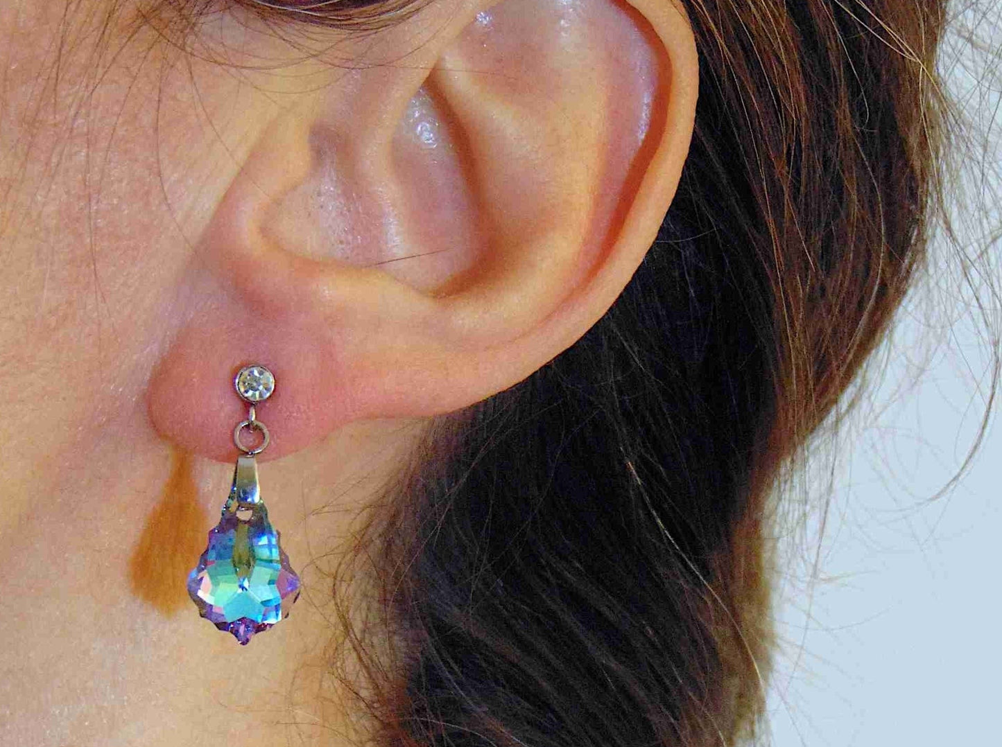Short earrings with 16mm Vitrail Light (blue/lilac) baroque Swarovski crystals, stainless steel studs with tiny clear crystals