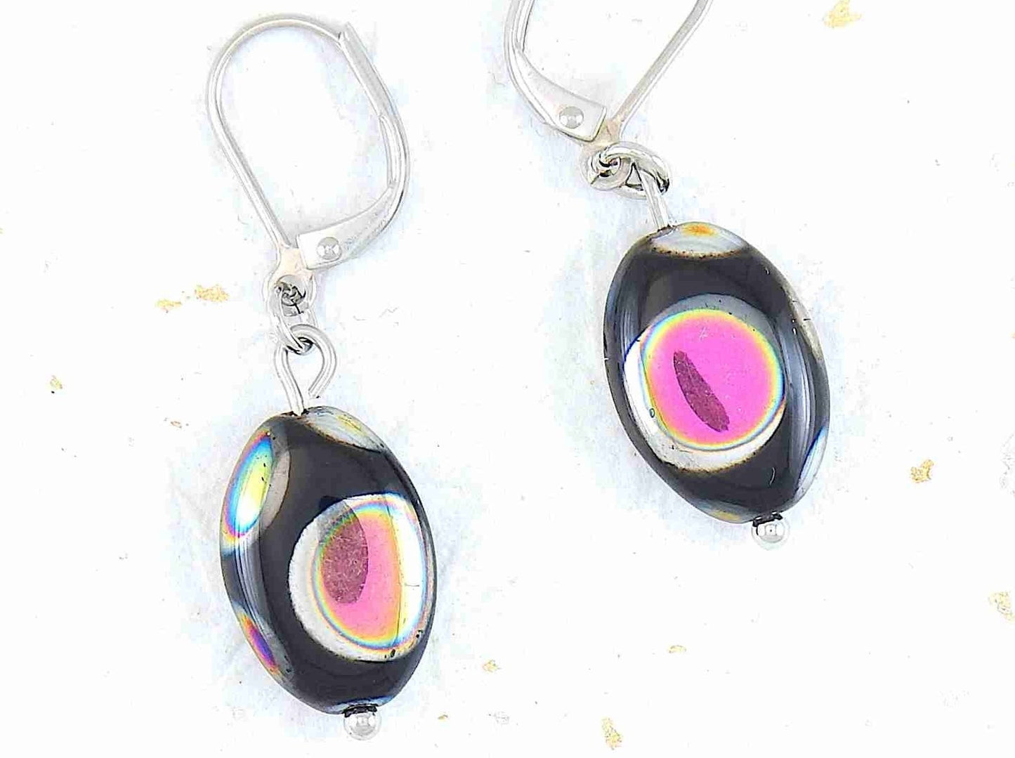 Short earrings with shiny black Czech glass ovals, choice of 2 patterns (multicoloured dots, silver criss-cross), stainless steel lever back hooks