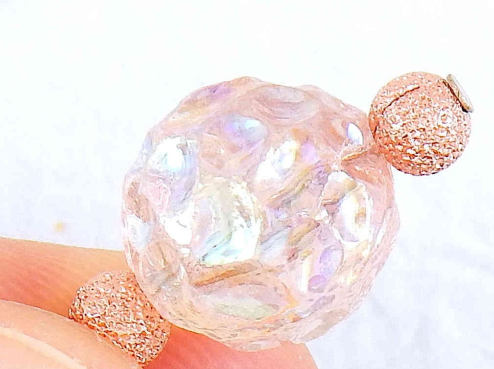 Short earrings with iridescent light peach vintage glass raspberry beads, rose gold-toned stainless steel hooks