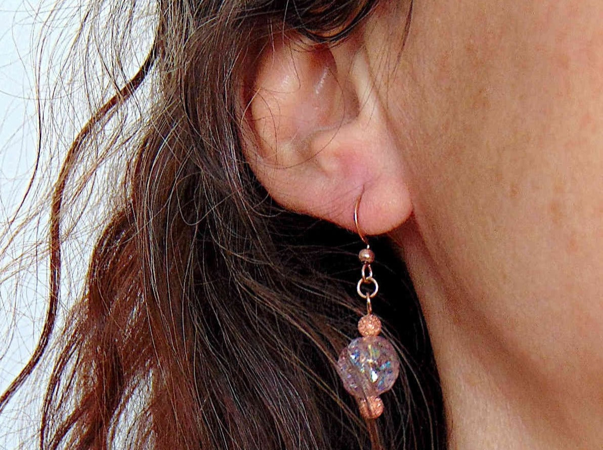 Short earrings with iridescent light peach vintage glass raspberry beads, rose gold-toned stainless steel hooks