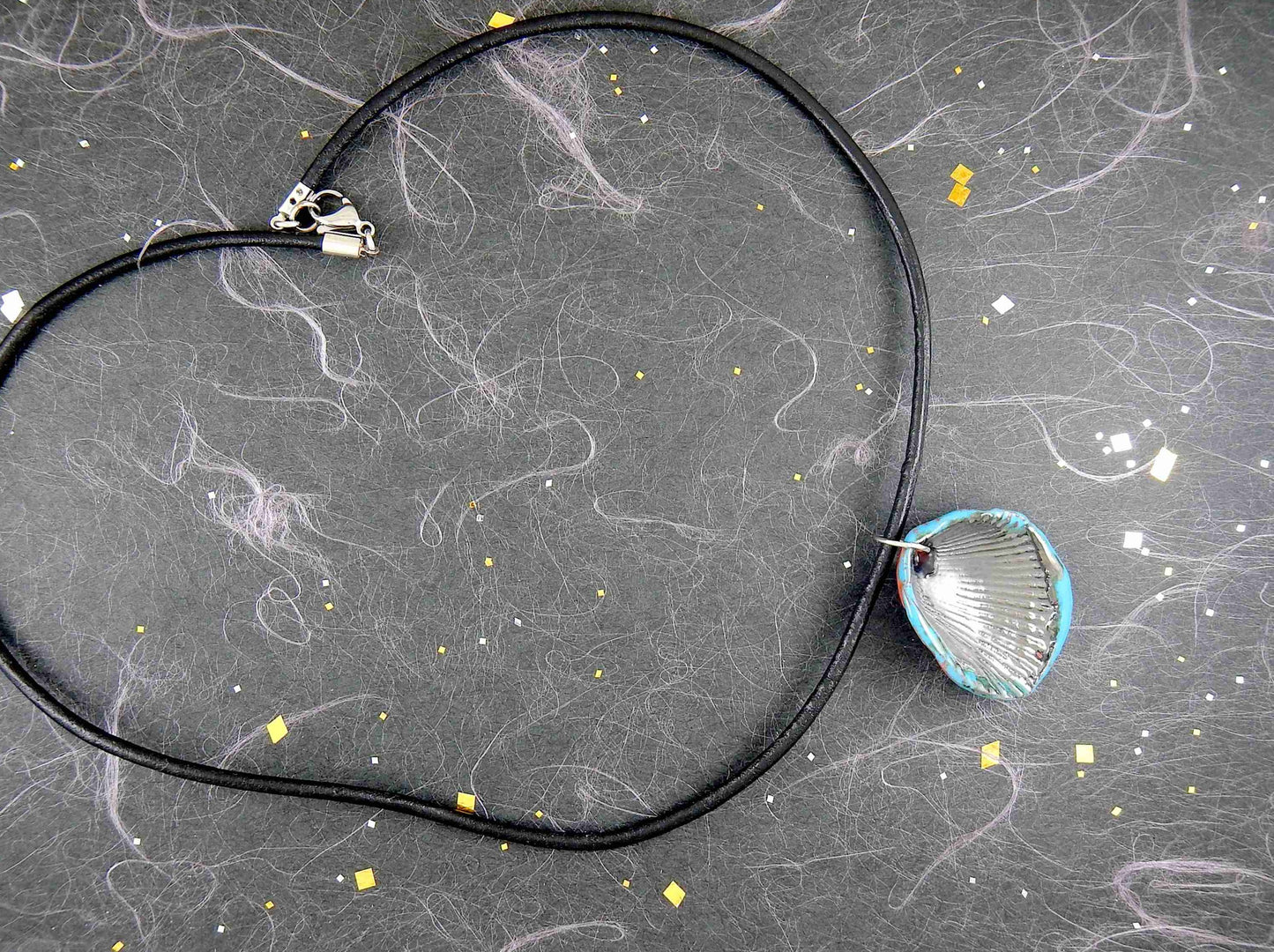 20-inch necklace with black nickel and turquoise shell pendant handmade in Montreal, black leather cord, stainless steel clasp