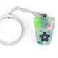 Keychain with handmade resin pyramid in green-black-pink, stainless steel chain