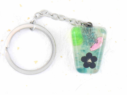 Keychain with handmade resin pyramid in green-black-pink, stainless steel chain