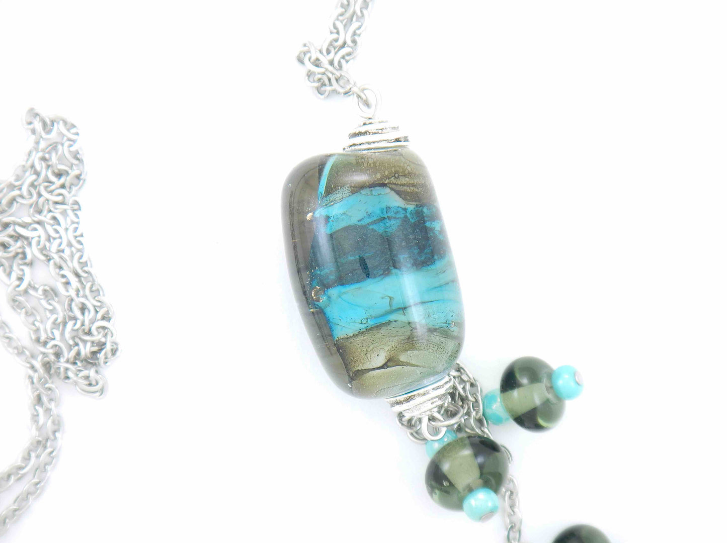 28-inch necklace with funky cylinder, dark turquoise-gray marbled pattern (Murano-style glass handmade in Montreal), matching pendants, stainless steel chain