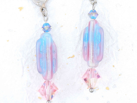 Long earrings with vintage West-German pink and blue glass beads, matching Swarovski crystals, stainless steel lever back hooks