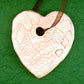 Ornament with large light pink ceramics heart handmade in Montreal, burgundy lace pattern, chocolate brown organza ribbon