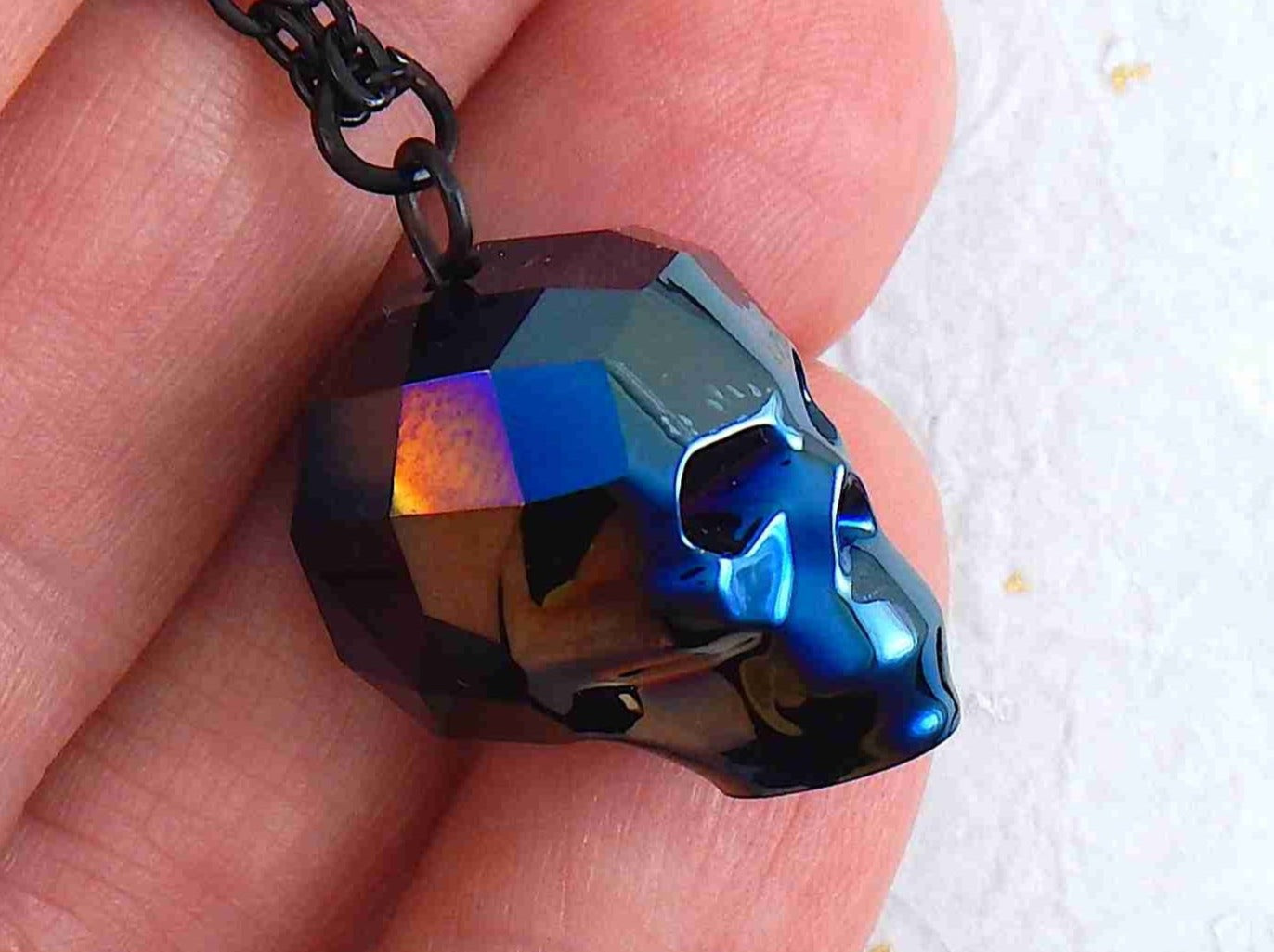 16-inch necklace with rare 20mm Swarovski faceted skull pendant in 3 colours (dark blue, dark gray, rose gold), matching stainless steel chain