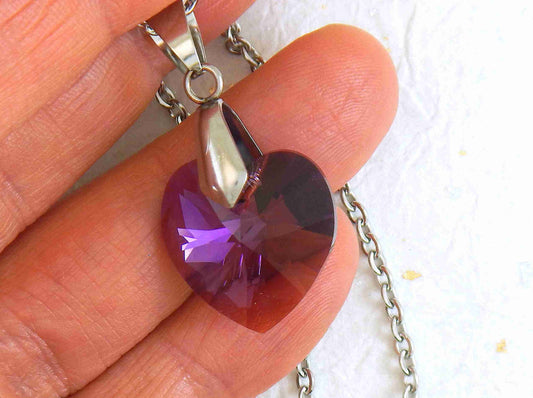 14/16-inch necklace with 18mm Amethyst Shimmer faceted Swarovski crystal heart pendant, stainless steel chain