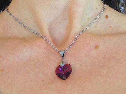 Collier 14/16 po à pendentif coeur de cristal Swarovski 18mm Amethyst Shimmer (mauve améthyste), chaîne acier inoxydable