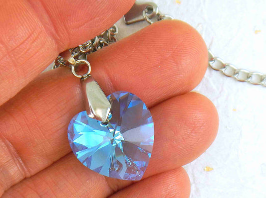 14/16-inch necklace with 18mm Aquamarine Shimmer faceted Swarovski crystal heart pendant, stainless steel chain