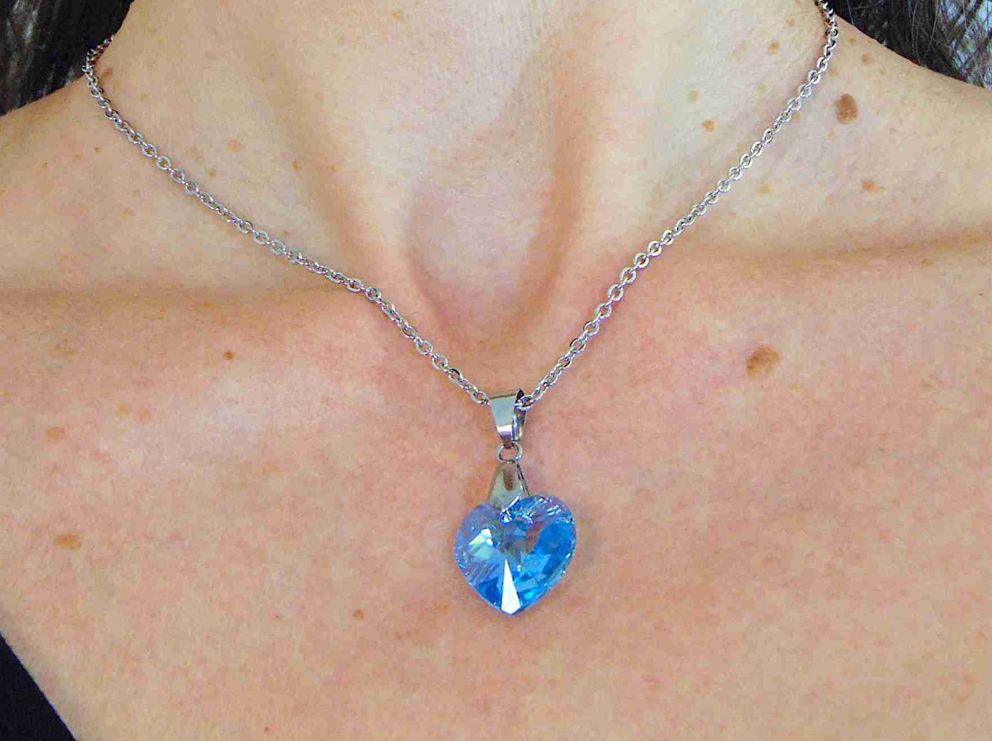 14/16-inch necklace with 18mm Aquamarine Shimmer faceted Swarovski crystal heart pendant, stainless steel chain