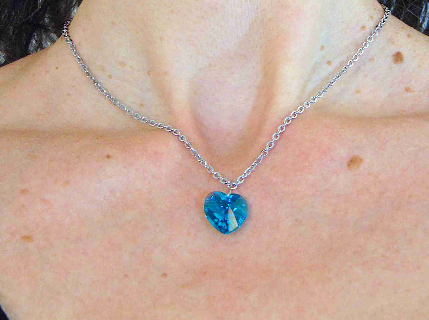 14/16-inch necklace with 14mm Blue Zircon faceted Swarovski crystal heart pendant, stainless steel chain