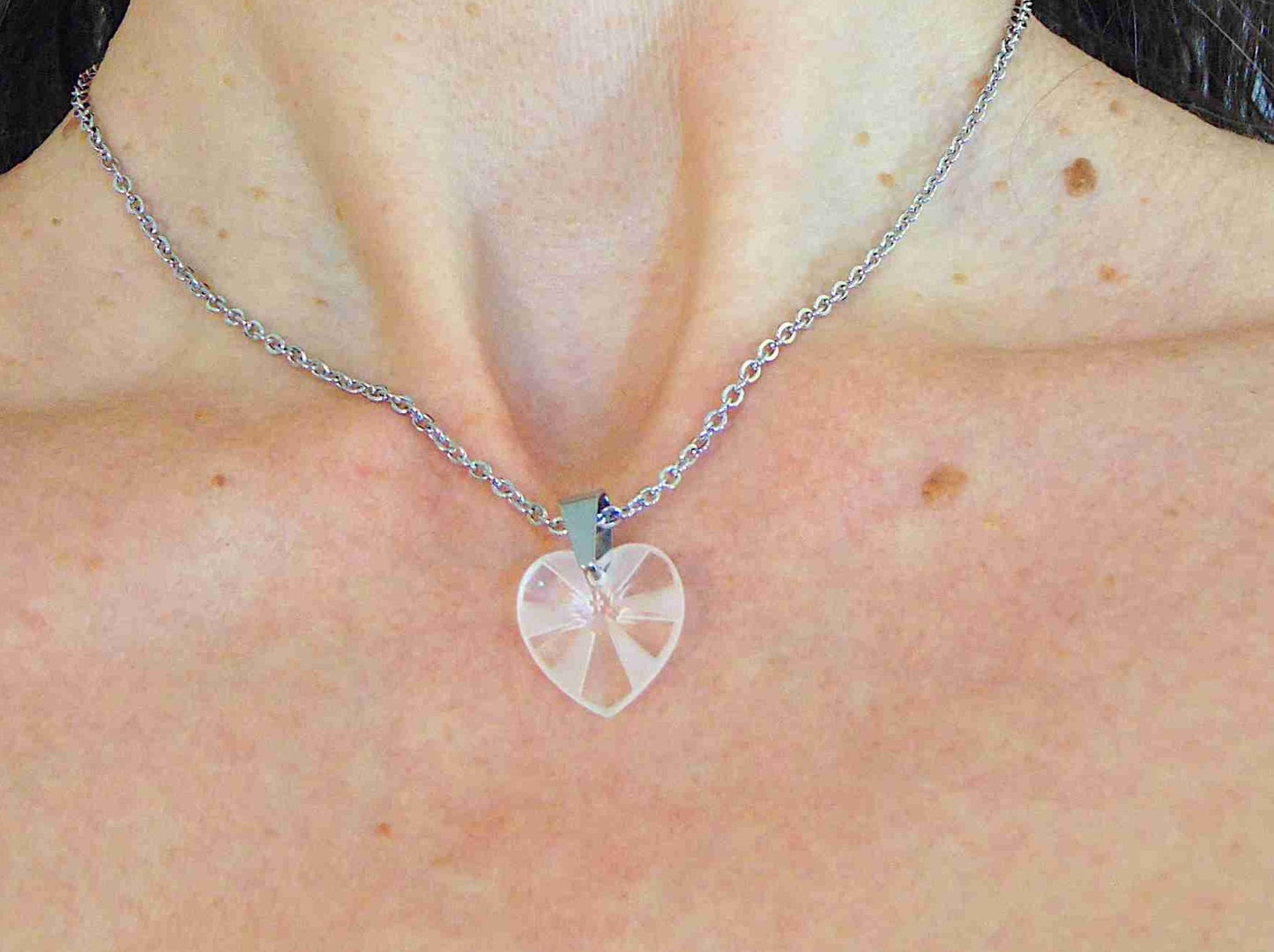 14/16-inch necklace with 18mm clear radial frosted faceted Swarovski crystal heart pendant, stainless steel chain