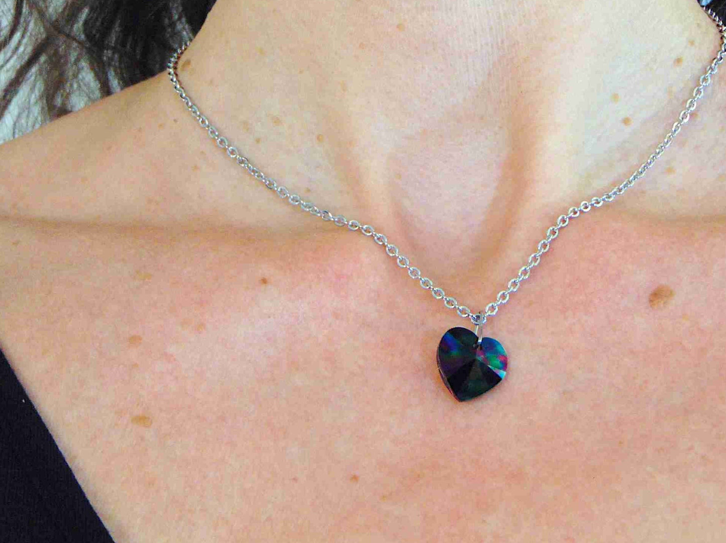 14/16-inch necklace with 14mm Dark Rainbow faceted Swarovski crystal heart pendant, stainless steel chain