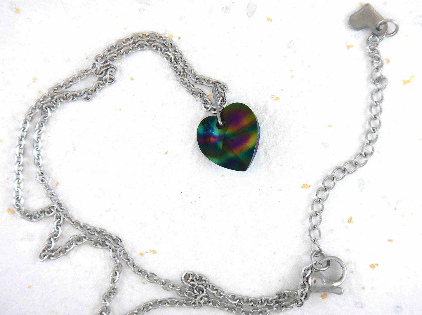 14/16-inch necklace with 14mm Dark Rainbow faceted Swarovski crystal heart pendant, stainless steel chain