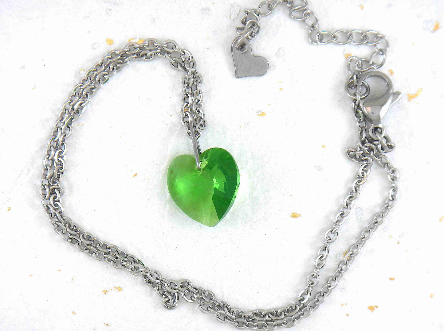 14/16-inch necklace with 14mm Fern Green faceted Swarovski crystal heart pendant, stainless steel chain