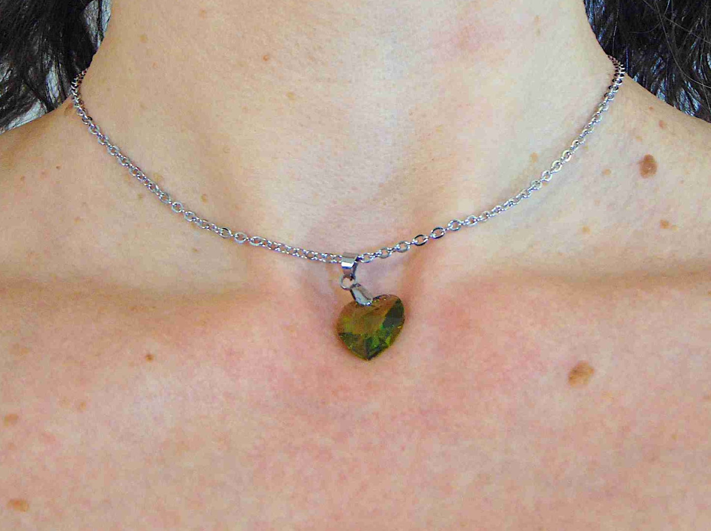 14/16-inch necklace with 14mm Olivine faceted Swarovski crystal heart pendant, rose gold-toned stainless steel chain