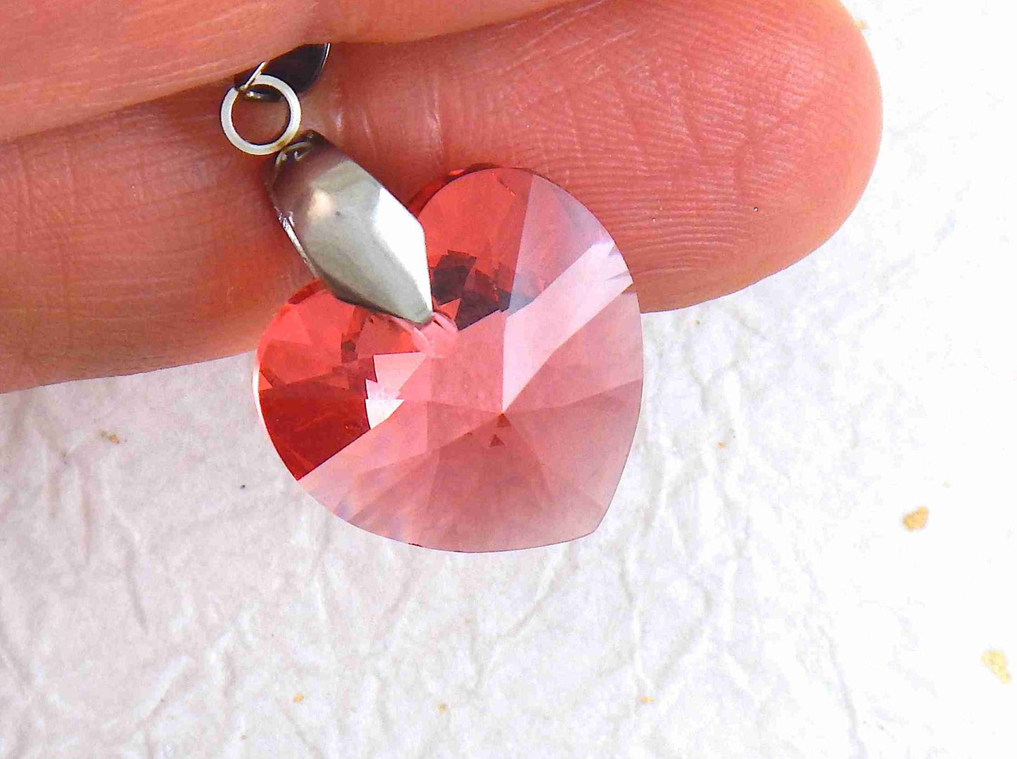 14/16-inch necklace with 18mm Padparadscha blush pink faceted Swarovski crystal heart pendant, stainless steel chain