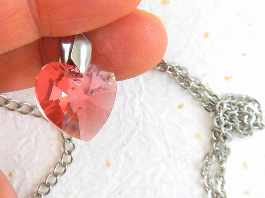 14/16-inch necklace with 18mm Padparadscha blush pink faceted Swarovski crystal heart pendant, stainless steel chain