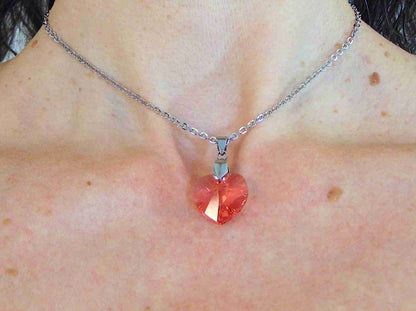 Collier 14/16 po à pendentif coeur de cristal Swarovski 18mm Padparadscha (rose corail), chaîne acier inoxydable