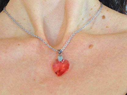 Collier 14/16 po à pendentif coeur de cristal Swarovski 18mm Padparadscha (rose corail), chaîne acier inoxydable
