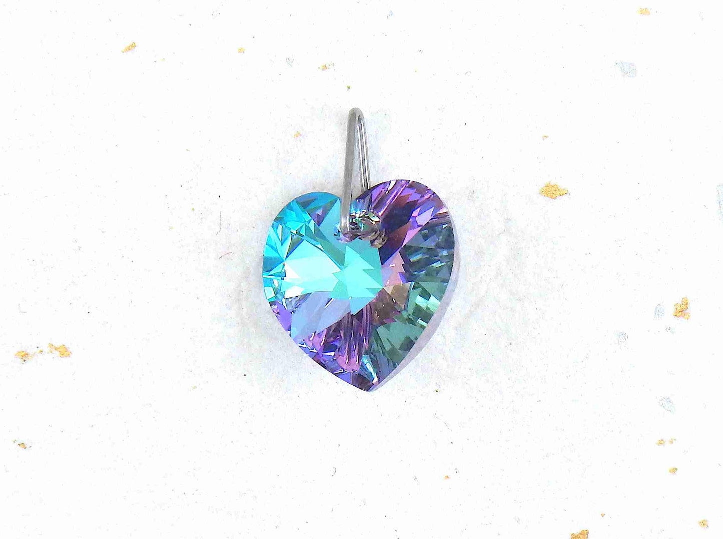 14/16-inch necklace with 14mm Vitrail Light (sky blue and lilac) faceted Swarovski crystal heart pendant, stainless steel chain