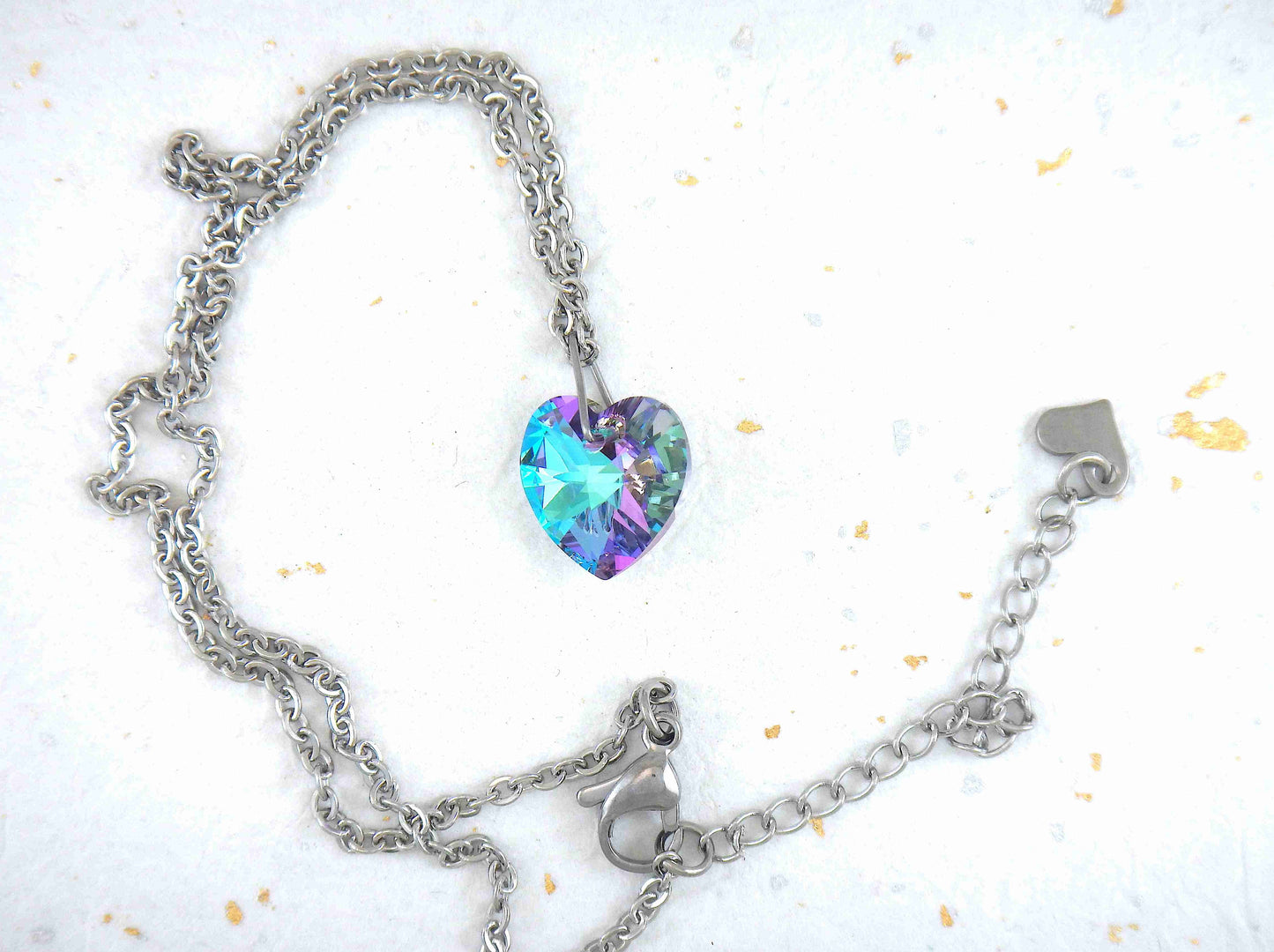 14/16-inch necklace with 14mm Vitrail Light (sky blue and lilac) faceted Swarovski crystal heart pendant, stainless steel chain