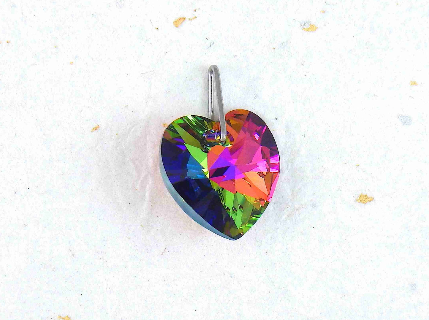 14/16-inch necklace with 14mm Vitrail Medium (fuchsia, orange, green) faceted Swarovski crystal heart pendant, stainless steel chain