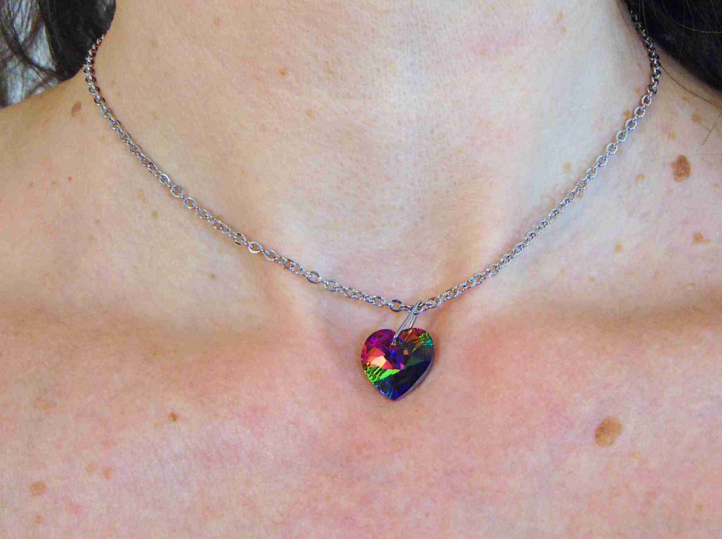 14/16-inch necklace with 14mm Vitrail Medium (fuchsia, orange, green) faceted Swarovski crystal heart pendant, stainless steel chain