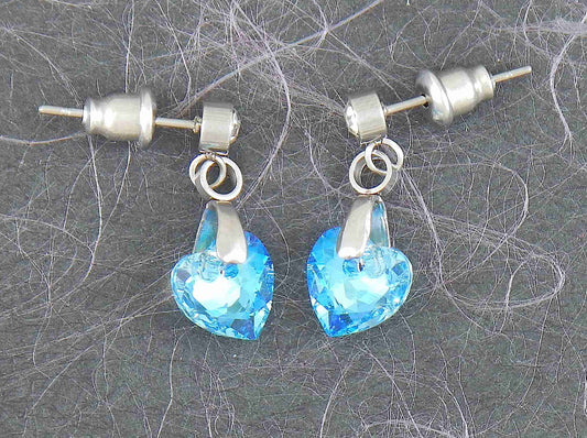 Short earrings with 8mm Aquamarine Shimmer faceted Swarovski crystal hearts, stainless steel studs with tiny crystals