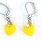 Short earrings with 10mm faceted Yellow Opal Swarovski crystal hearts, stainless steel lever back hooks