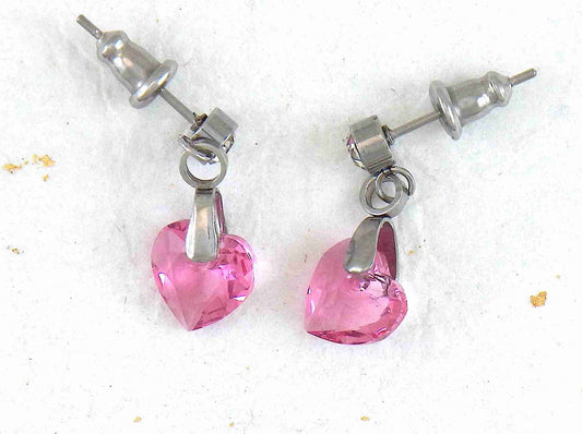 Short earrings with 8mm Rose faceted Swarovski crystal hearts, stainless steel studs with tiny crystals