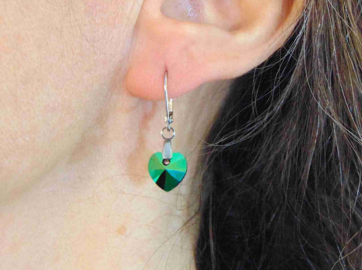 Short earrings with 10mm faceted Scarabeus Green Swarovski crystal hearts, stainless steel lever back hooks