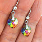 Short earrings with 10mm faceted Vitrail Medium (fuchsia, orange, green) Swarovski crystal hearts, stainless steel lever back hooks with tiny clear crystals