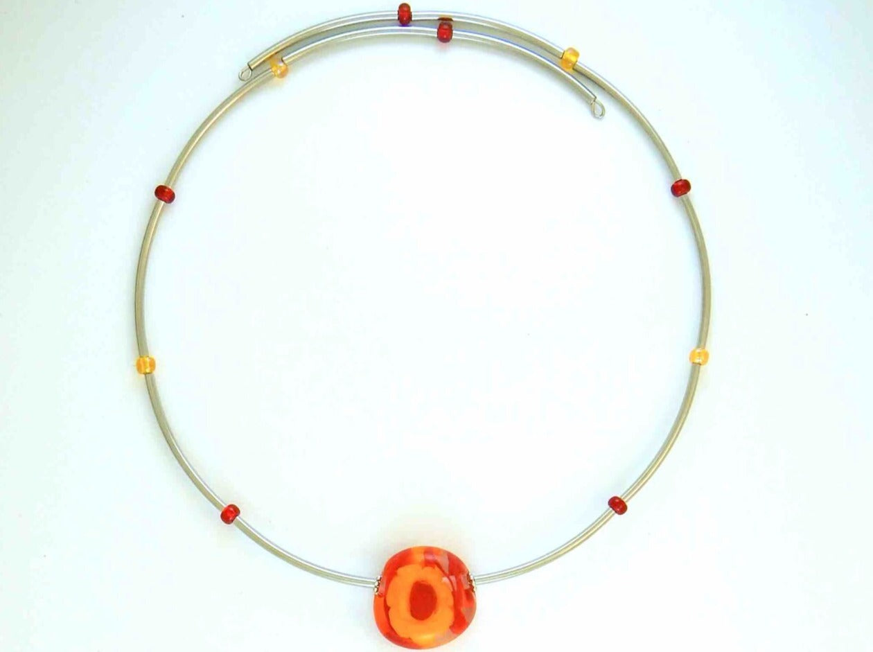 Choker necklace with bright red and yellow flower murine glass bead (Murano-style glass handmade in Montreal), stainless steel tube beads and clasp