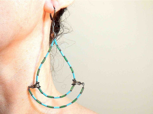 Long statement earrings with original hoop design in turquoise and green, brass lever back hooks