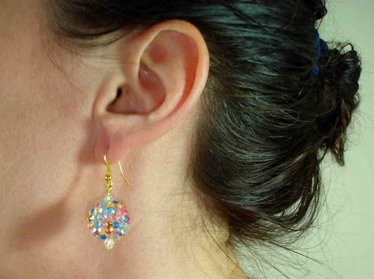 Long earrings with large multicoloured disco balls and Swarovski crystals, metal hooks