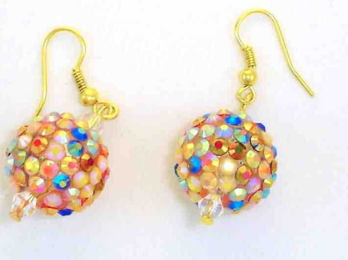 Long earrings with large multicoloured disco balls and Swarovski crystals, metal hooks